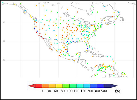 米中西部少雨(7月降水量平年比%、2012年)